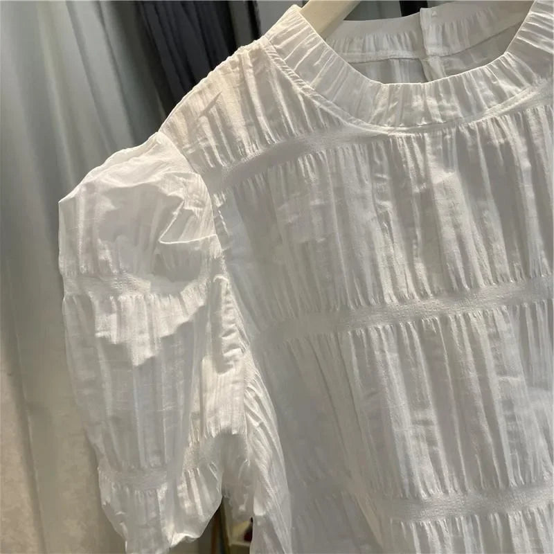 Vintage Sweet O-neck Ruched Shirts Women SA340