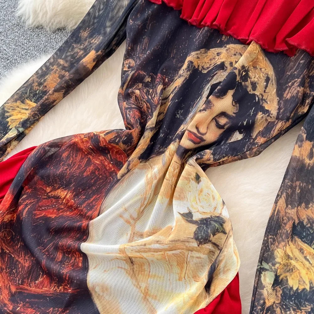 Elegant Oil Painting Print Vintage Turn-down Collar 69A115