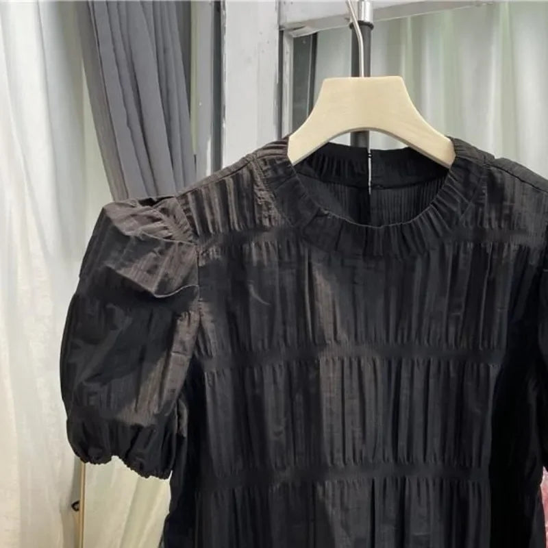 Vintage Sweet O-neck Ruched Shirts Women SA340