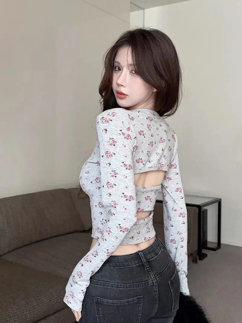 French Spice Girl U-neck Backless Floral T-shirt SA232