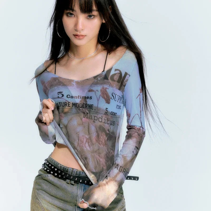 Oil Painting Gauze Printing Slim Crop Top SA258