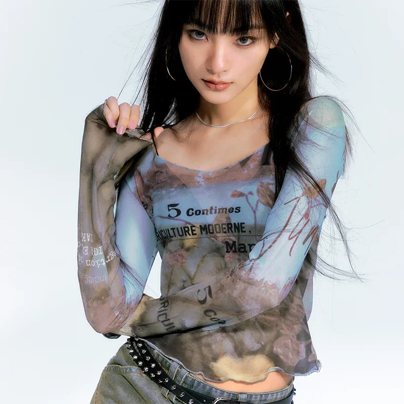 Oil Painting Gauze Printing Slim Crop Top SA258