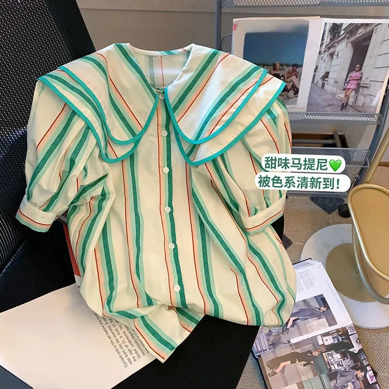 Contrast Color Striped Puff Sleeve Blouse SA242