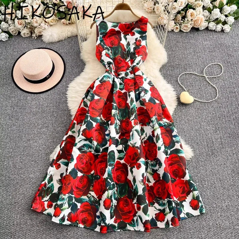 Summer Chic Sleeveless Party Dress Rose Floral Print Pleated Gown Ball Big Swing Robe French Style Elegant Vestidos Mujer