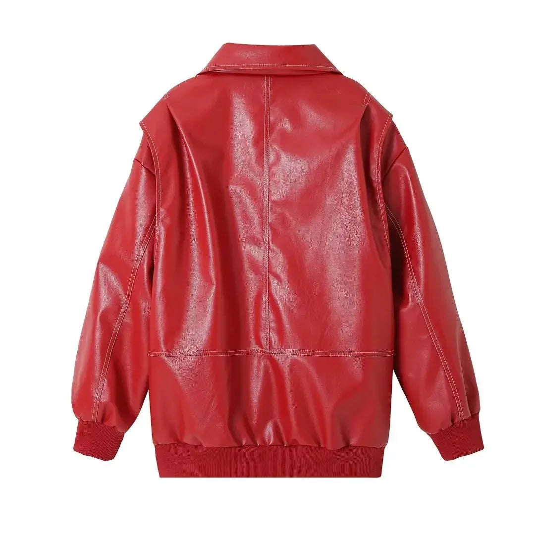 Casual All-match PU Leather Jackets Turn-down Collar Long Sleeve Loose Zipper Coats 2024 New Y2k Aesthetic Punk Outwears