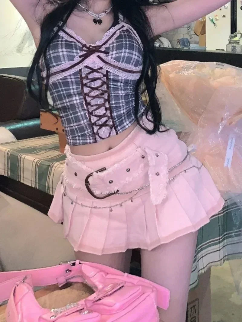 Y2K Pink Mini Skirts Aesthetic Sweet Cute High Sweet Slim Women's Skirt 2025 New Fashion Fairycore Kawaii Streetwear Clothes