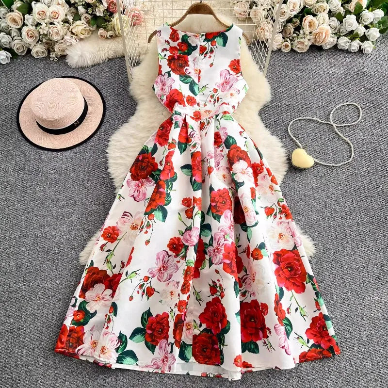 Summer Chic Sleeveless Party Dress Rose Floral Print Pleated Gown Ball Big Swing Robe French Style Elegant Vestidos Mujer
