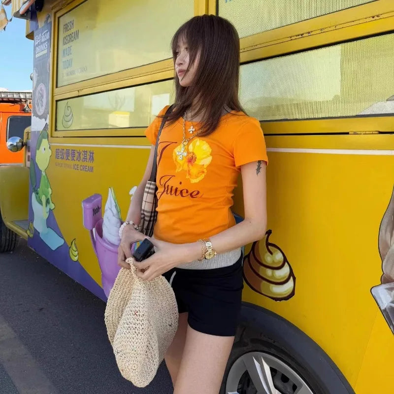 American Summer Popular Orange Color All Match T Shirts