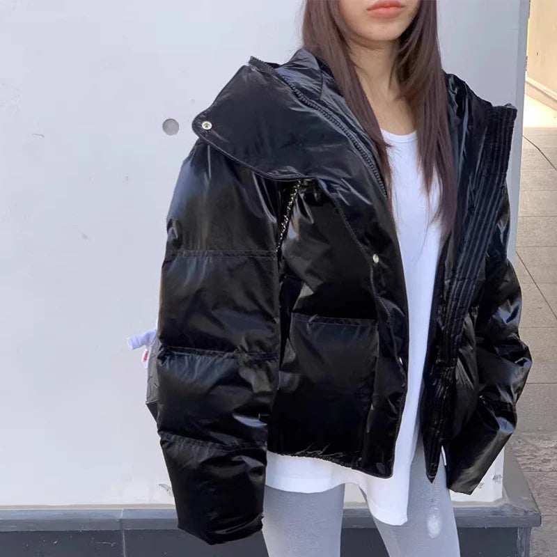 Korean Chic Winter High-quality Temperament Relaxed Thick Luster All-match Long-sleeved Hooded Cotton-padded Jacket Coat Woman
