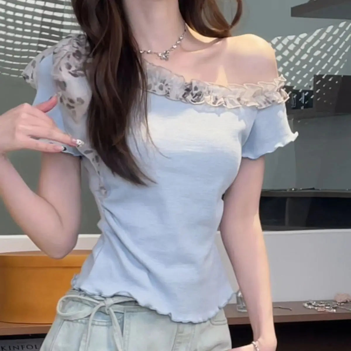 Floral Ruffle Short-sleeved Top SA847