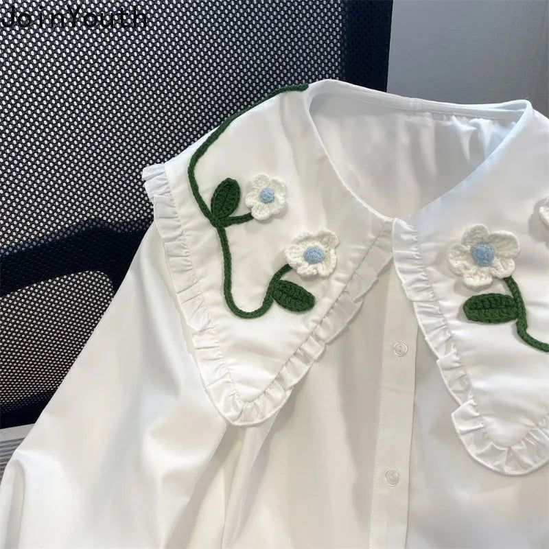 White Blouse Women's Clothing Embroidery Floral Peter Pan Collar Shirts 69A123