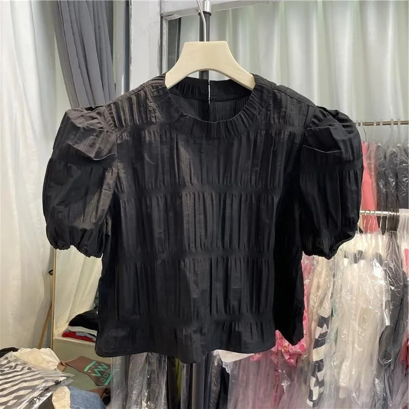 Vintage Sweet O-neck Ruched Shirts Women SA340