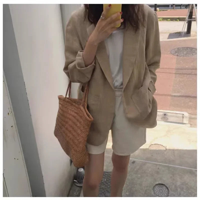 Korean Retro Cotton Linen Solid Blazer SA267