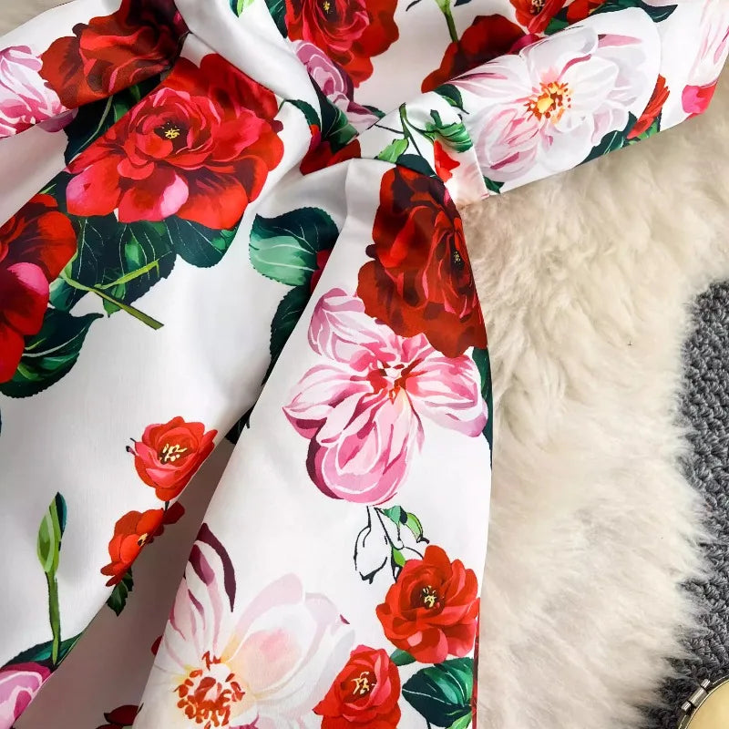 Summer Chic Sleeveless Party Dress Rose Floral Print Pleated Gown Ball Big Swing Robe French Style Elegant Vestidos Mujer