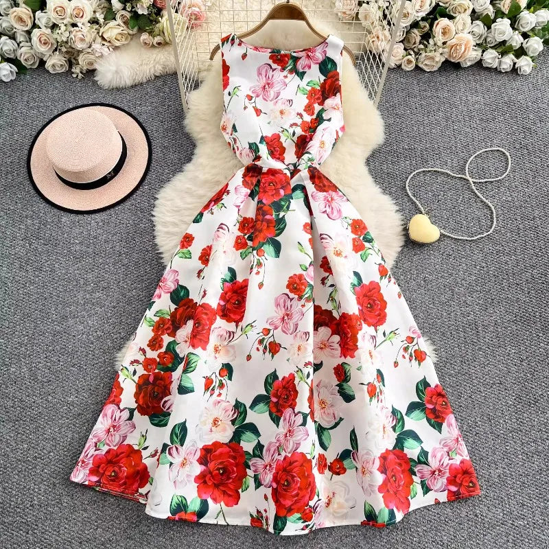 Summer Chic Sleeveless Party Dress Rose Floral Print Pleated Gown Ball Big Swing Robe French Style Elegant Vestidos Mujer