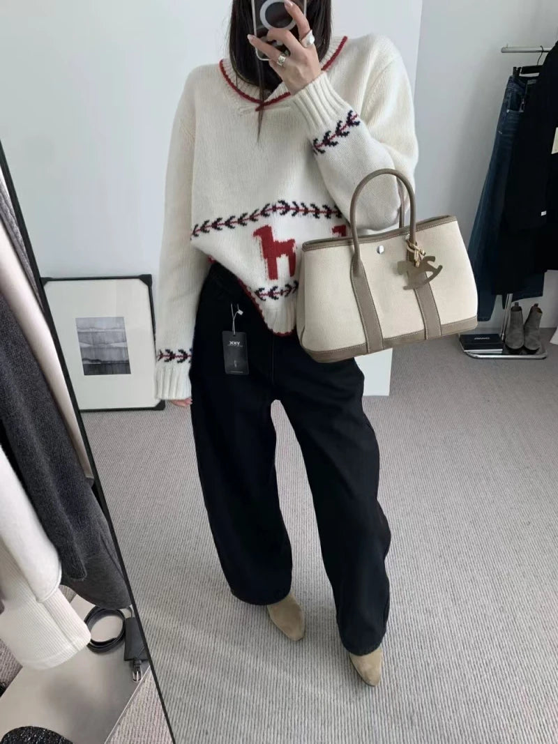 Korea Chic Retro Lapels Autumn Winter Chic Jacquard Design All-match Pullovers Contrast Long-sleeved Knitted Sweater Women