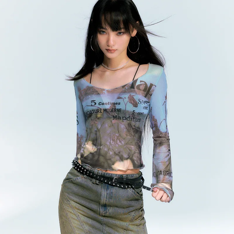 Oil Painting Gauze Printing Slim Crop Top SA258