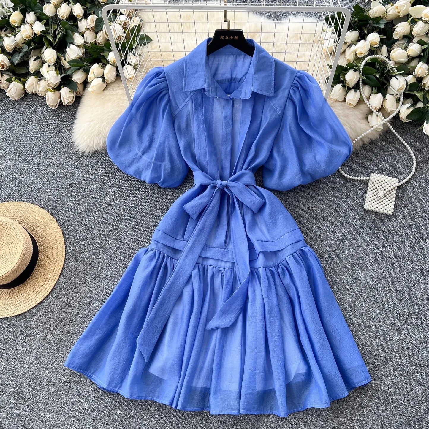 Chic Organza Bandage Lace Up Belt Summer Holiday Oversized Loose Dresses Women Shirt Collar Puff Sleeve Loose Party Vestidos