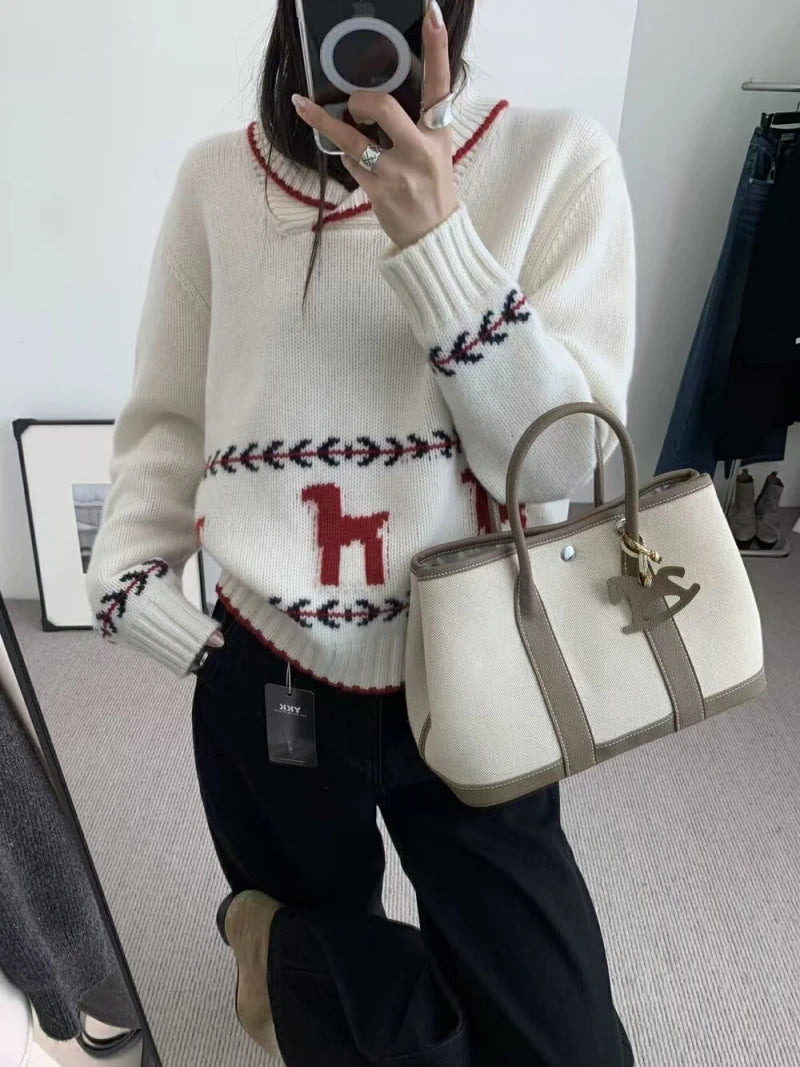 Korea Chic Retro Lapels Autumn Winter Chic Jacquard Design All-match Pullovers Contrast Long-sleeved Knitted Sweater Women
