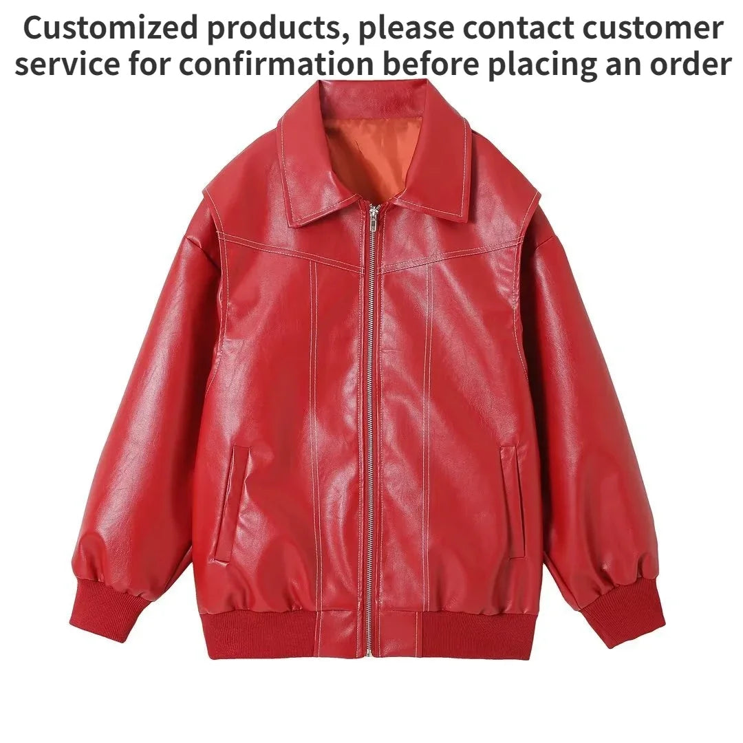 Casual All-match PU Leather Jackets Turn-down Collar Long Sleeve Loose Zipper Coats 2024 New Y2k Aesthetic Punk Outwears