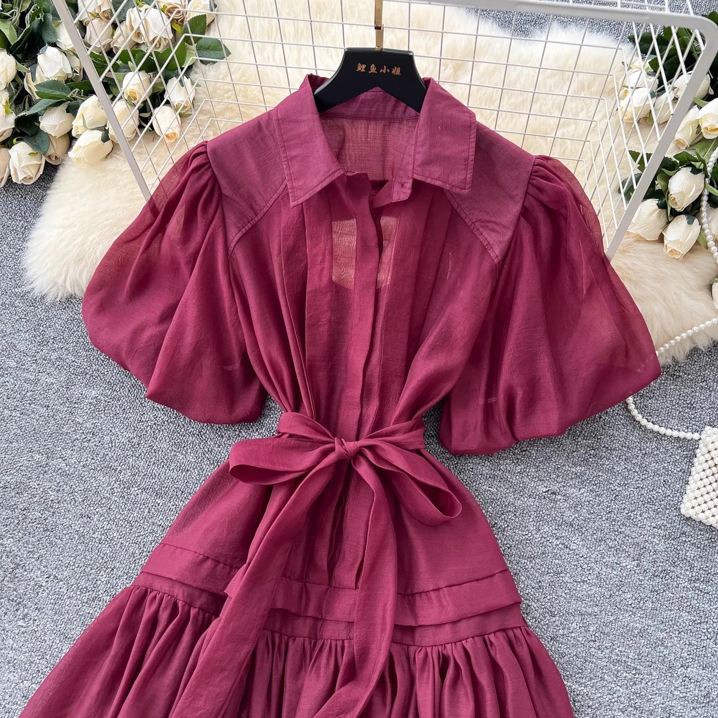 Chic Organza Bandage Lace Up Belt Summer Holiday Oversized Loose Dresses Women Shirt Collar Puff Sleeve Loose Party Vestidos