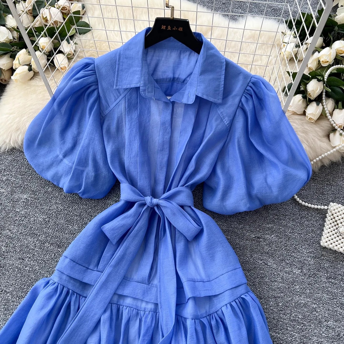 Chic Organza Bandage Lace Up Belt Summer Holiday Oversized Loose Dresses Women Shirt Collar Puff Sleeve Loose Party Vestidos