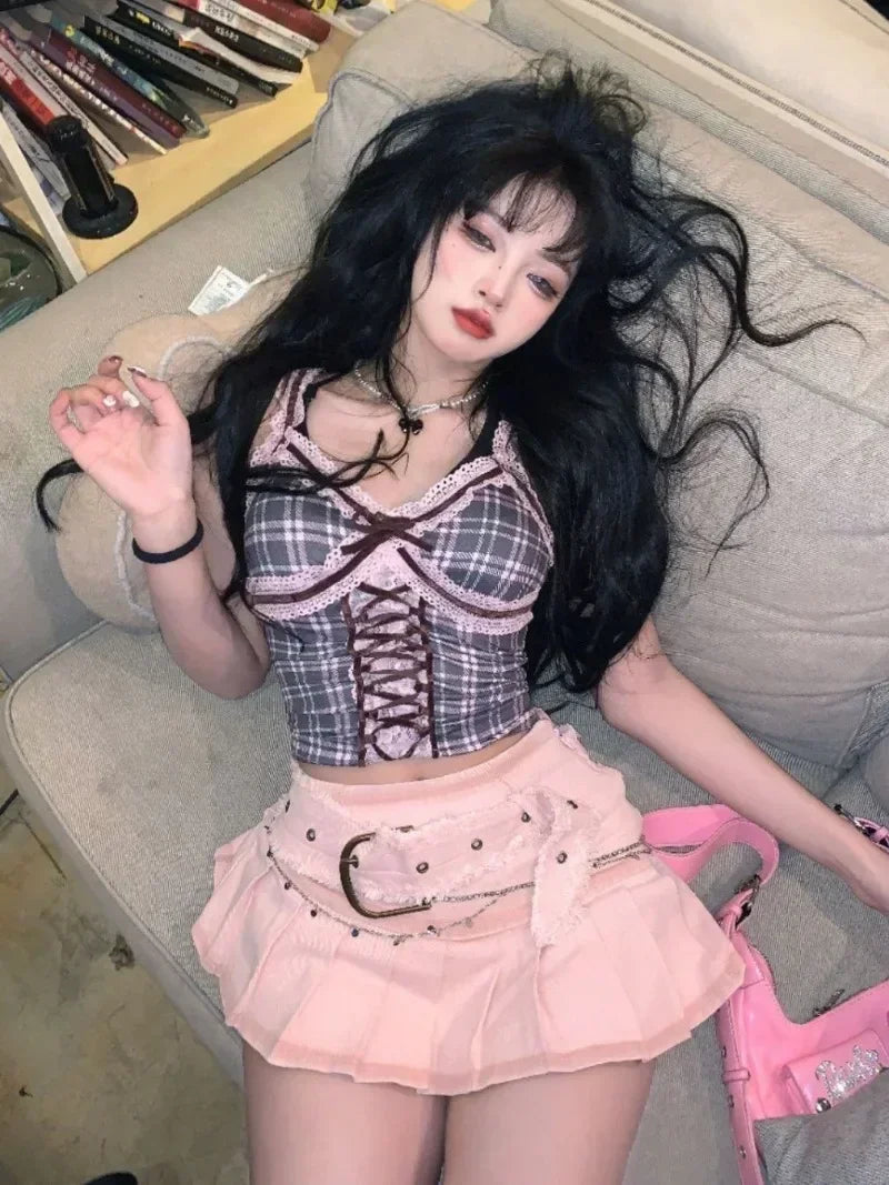 Y2K Pink Mini Skirts Aesthetic Sweet Cute High Sweet Slim Women's Skirt 2025 New Fashion Fairycore Kawaii Streetwear Clothes