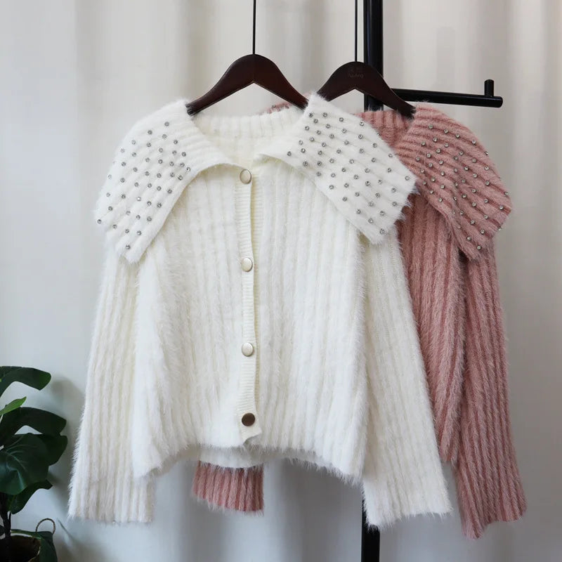 Diamond Peter Pan Collar 2024 Woman Cardigan Single Breasted Ropa Mujer Waterproof Mink Outerwears Loose Sweater Cardigans