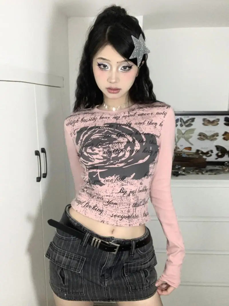 Spicy Girls Vintage Rose Print Pink Long Sleeve Tshirts SA177