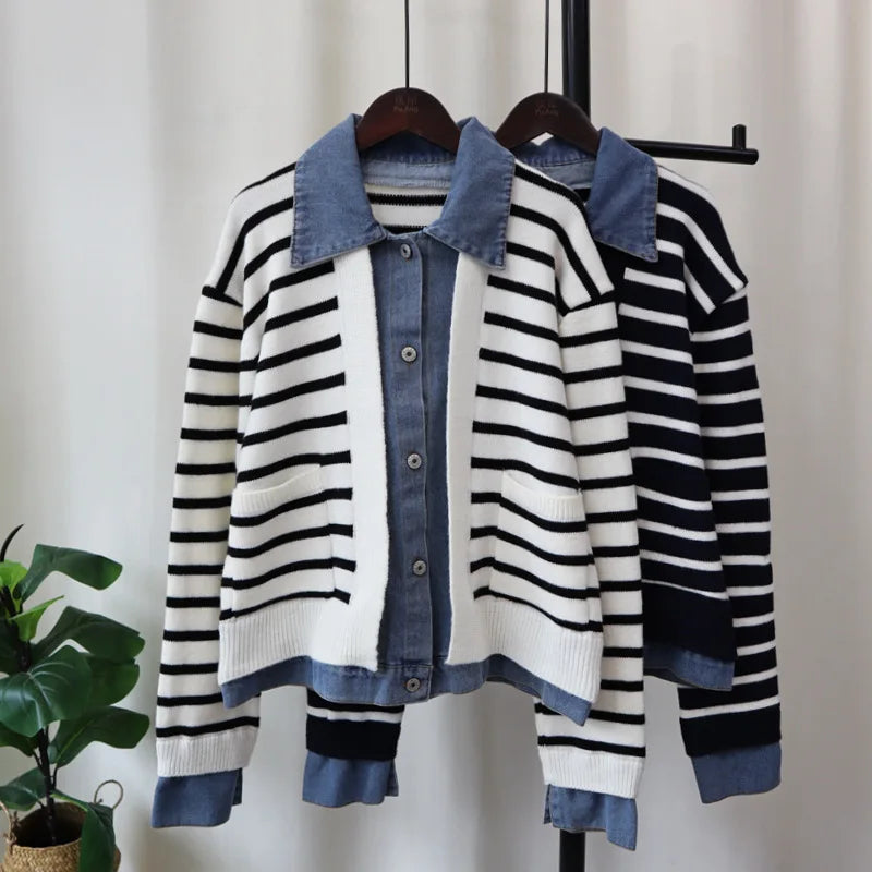 Spliced Denim 2024 Woman Cardigan Contrast Stripe Ropa Mujer Laple Neck Long Sleeve Outerwears Loose Sweater Autumn Cardigans