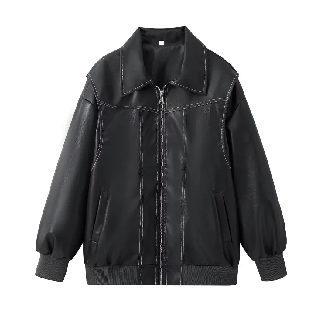 Casual All-match PU Leather Jackets Turn-down Collar Long Sleeve Loose Zipper Coats 2024 New Y2k Aesthetic Punk Outwears