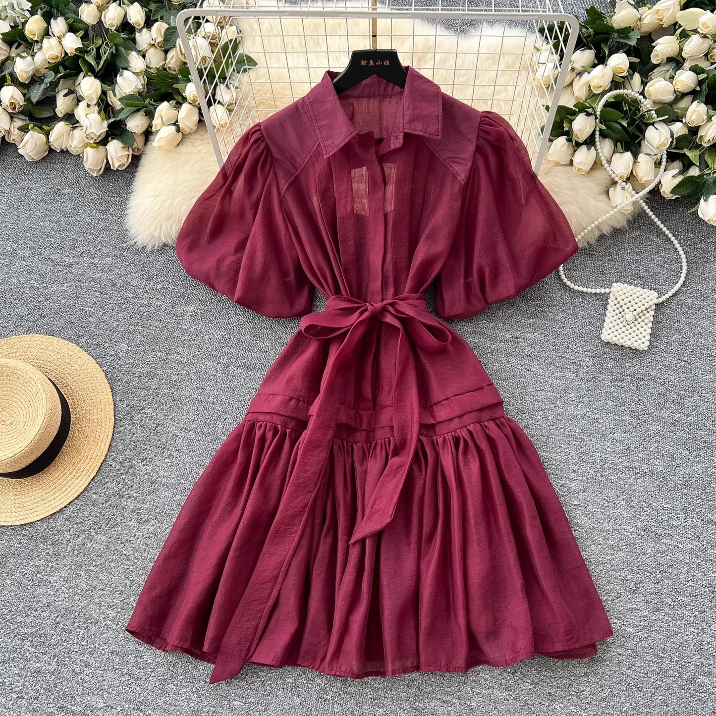Chic Organza Bandage Lace Up Belt Summer Holiday Oversized Loose Dresses Women Shirt Collar Puff Sleeve Loose Party Vestidos