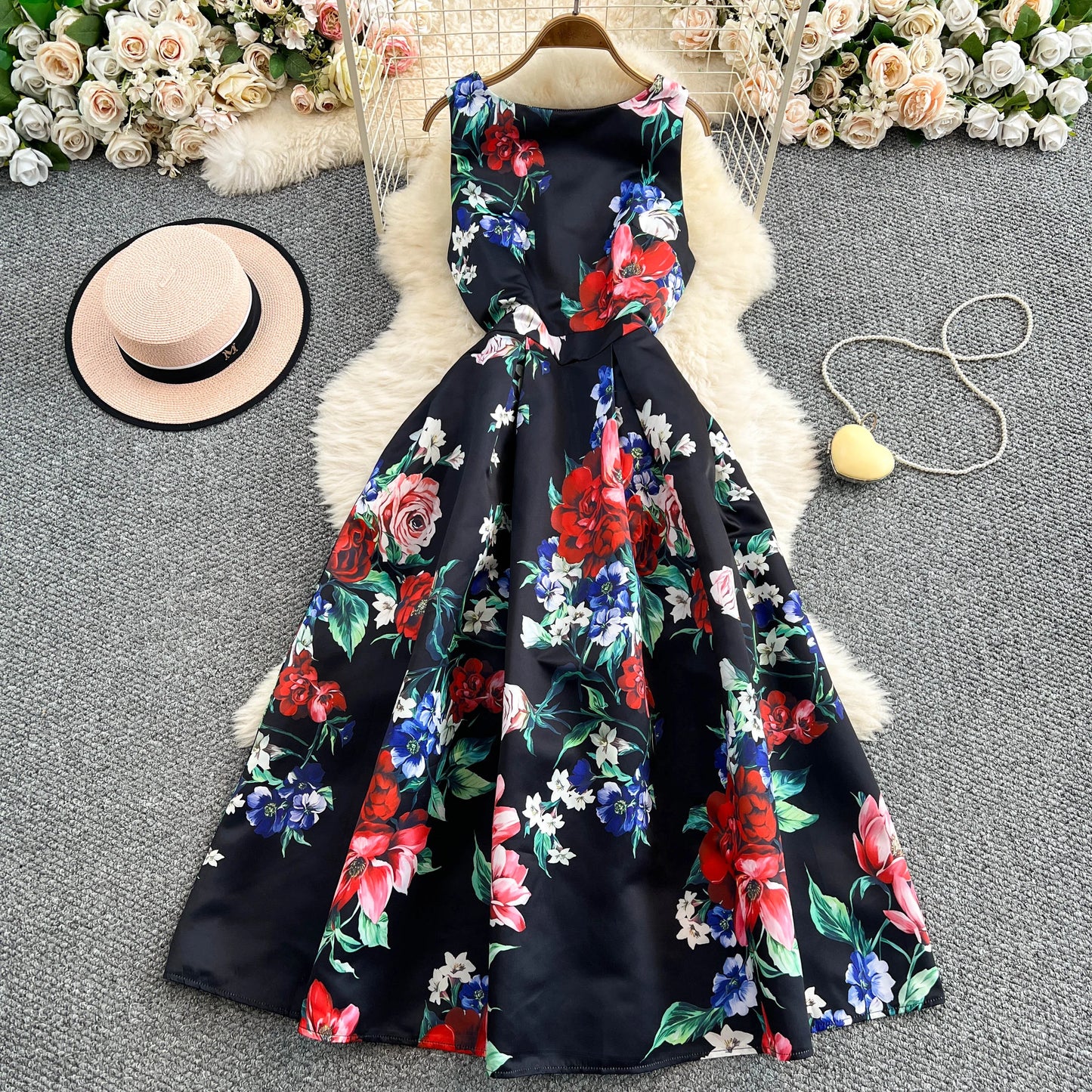 Summer Chic Sleeveless Party Dress Rose Floral Print Pleated Gown Ball Big Swing Robe French Style Elegant Vestidos Mujer
