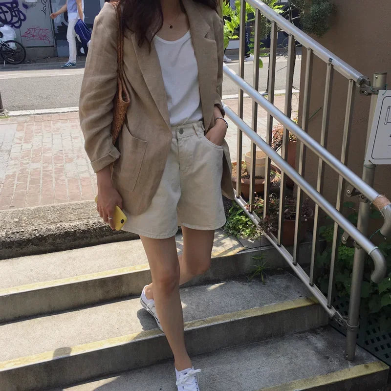 Korean Retro Cotton Linen Solid Blazer SA267