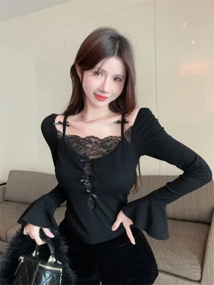 Lace Bow Ropa Mujer Fake Two Women Clothing Y2k SA268