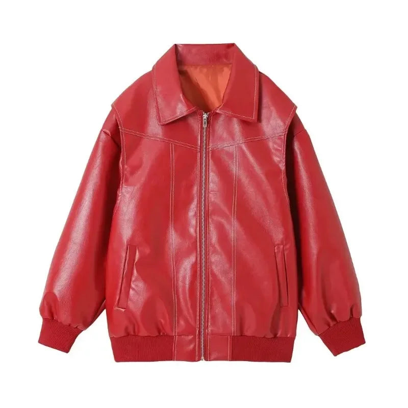 Casual All-match PU Leather Jackets Turn-down Collar Long Sleeve Loose Zipper Coats 2024 New Y2k Aesthetic Punk Outwears