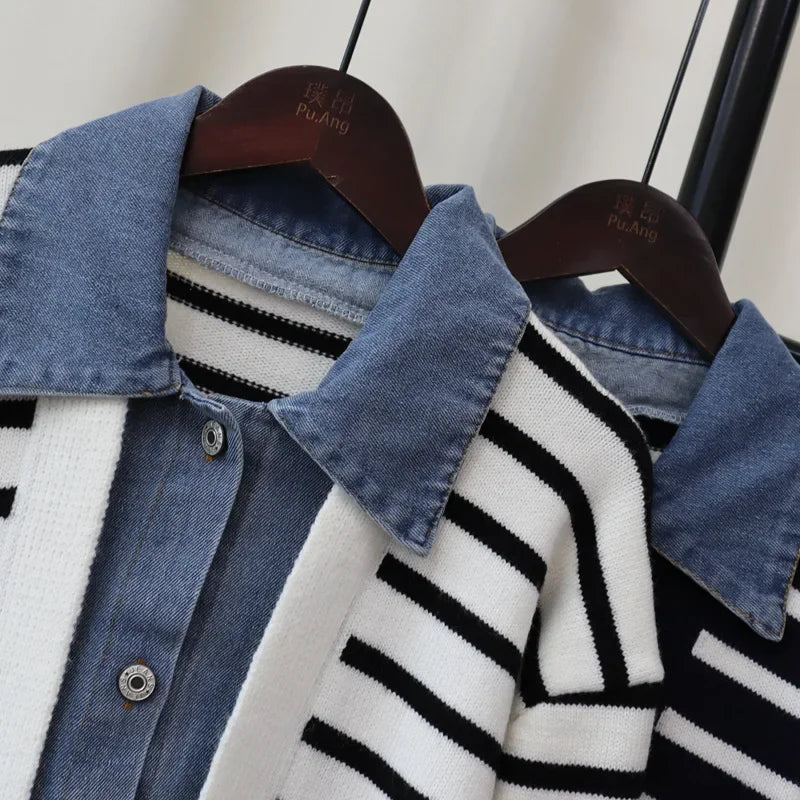 Spliced Denim 2024 Woman Cardigan Contrast Stripe Ropa Mujer Laple Neck Long Sleeve Outerwears Loose Sweater Autumn Cardigans