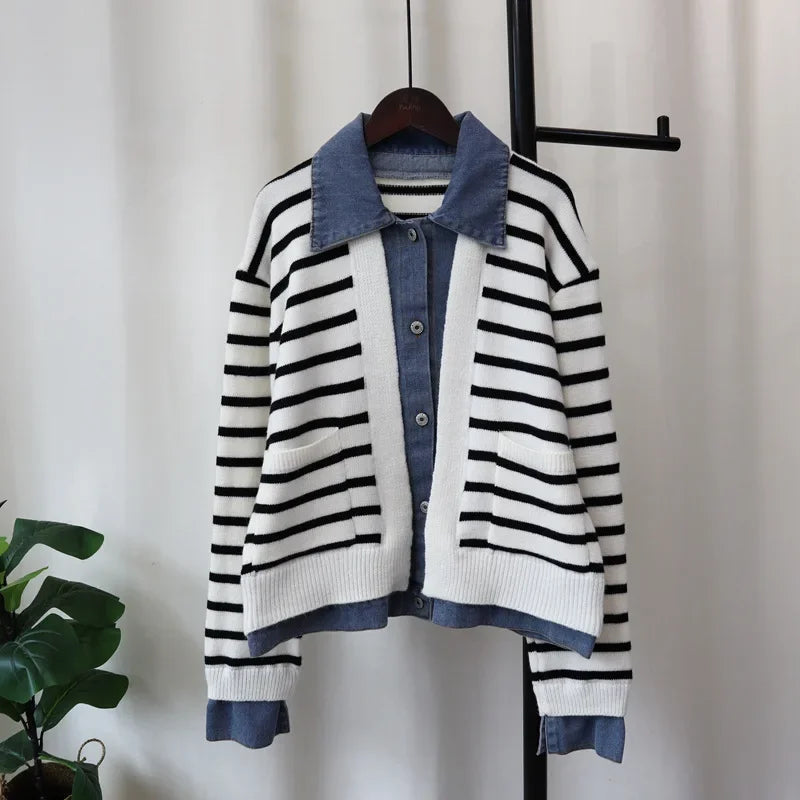 Spliced Denim 2024 Woman Cardigan Contrast Stripe Ropa Mujer Laple Neck Long Sleeve Outerwears Loose Sweater Autumn Cardigans