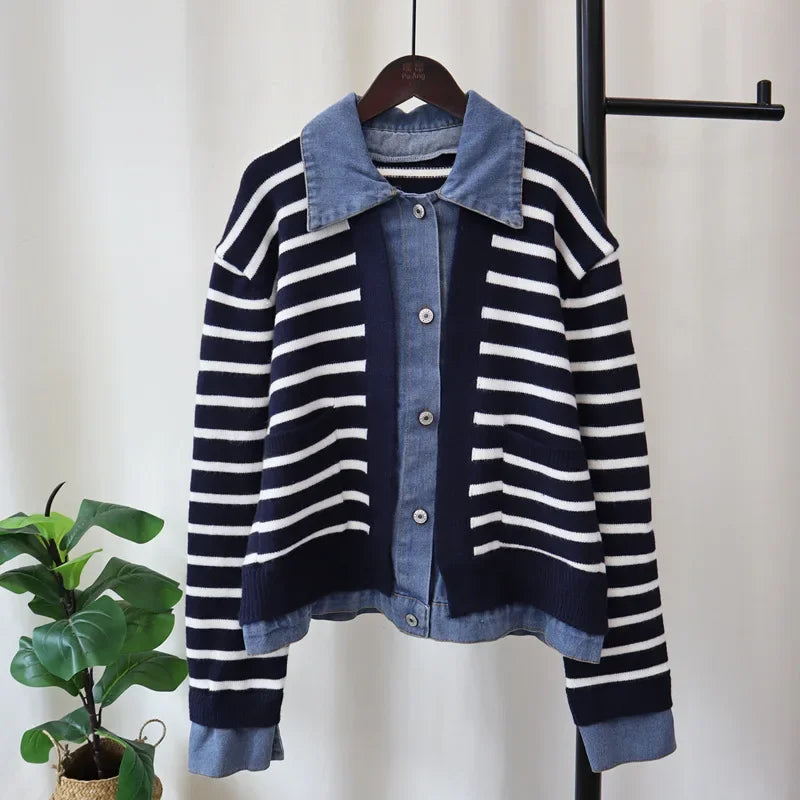 Spliced Denim 2024 Woman Cardigan Contrast Stripe Ropa Mujer Laple Neck Long Sleeve Outerwears Loose Sweater Autumn Cardigans
