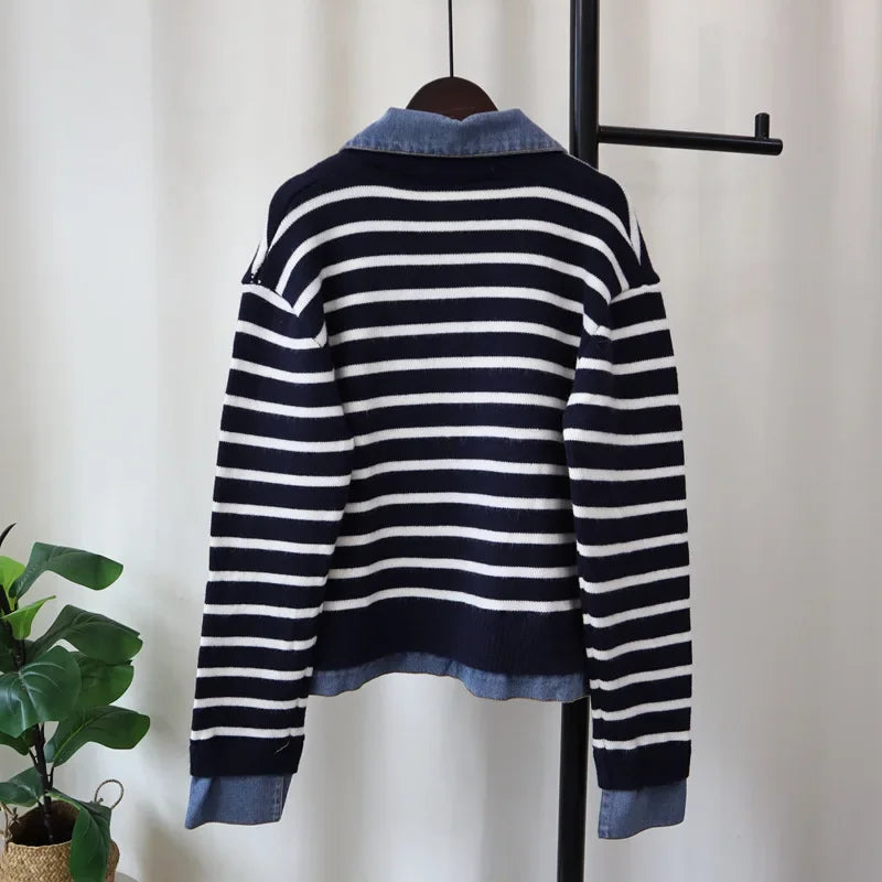Spliced Denim 2024 Woman Cardigan Contrast Stripe Ropa Mujer Laple Neck Long Sleeve Outerwears Loose Sweater Autumn Cardigans