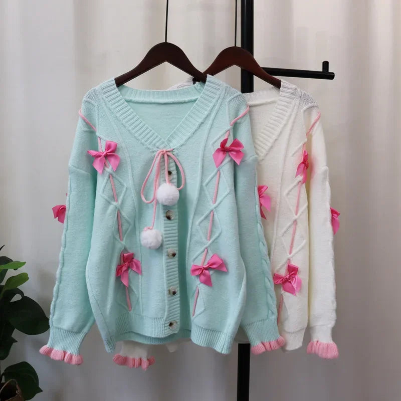 Sweet Bow 2024 Woman Cardigan Loose Lazy Style Ropa Mujer Autumn New Outerwears V-neck Single Breasted Sweater Cardigans