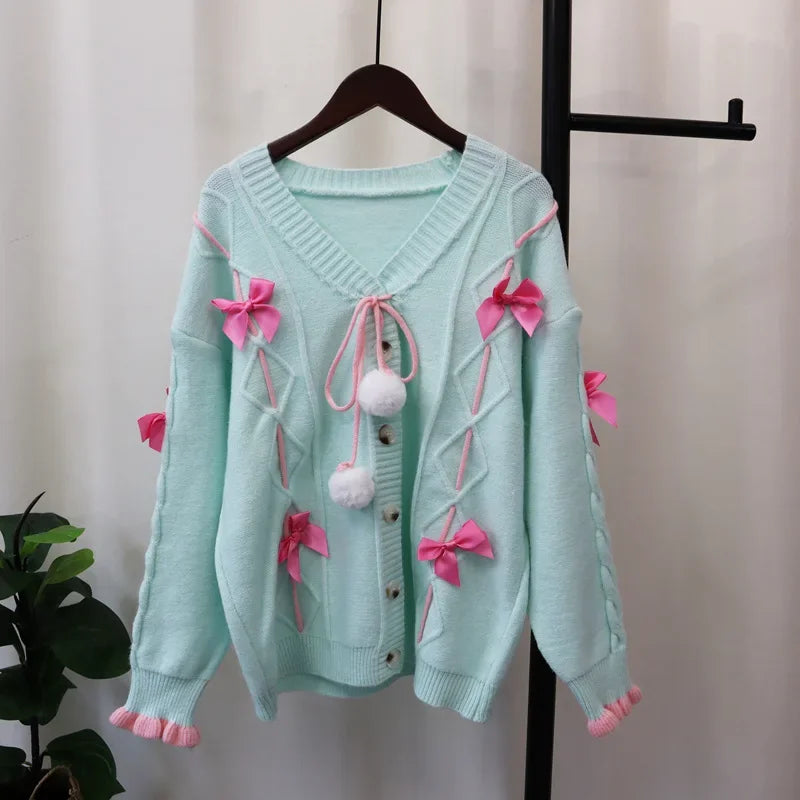 Sweet Bow 2024 Woman Cardigan Loose Lazy Style Ropa Mujer Autumn New Outerwears V-neck Single Breasted Sweater Cardigans