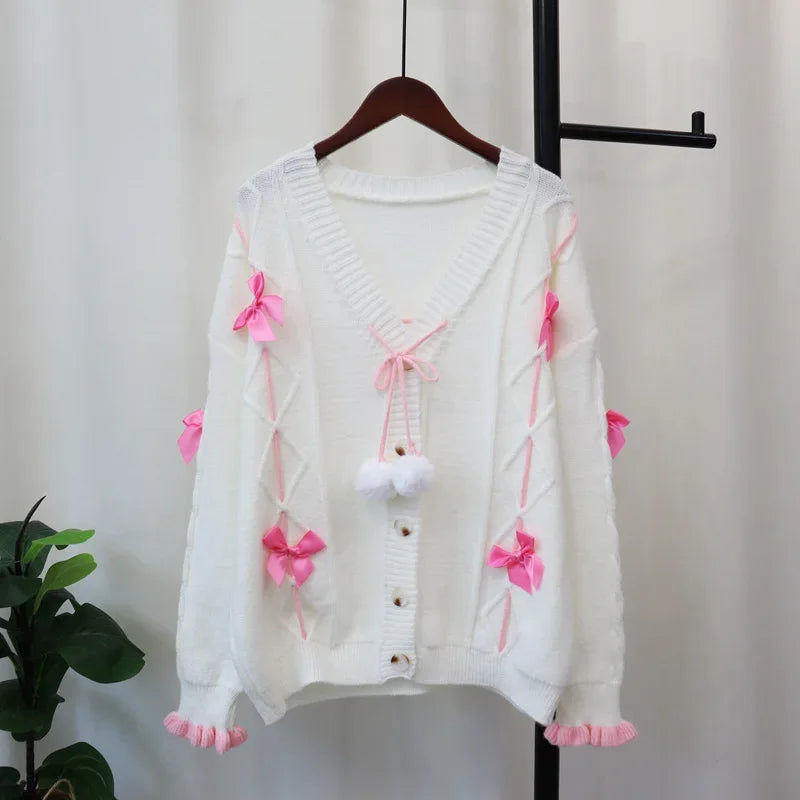 Sweet Bow 2024 Woman Cardigan Loose Lazy Style Ropa Mujer Autumn New Outerwears V-neck Single Breasted Sweater Cardigans