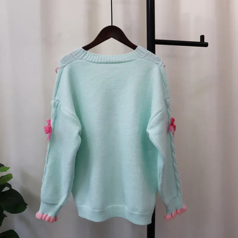 Sweet Bow 2024 Woman Cardigan Loose Lazy Style Ropa Mujer Autumn New Outerwears V-neck Single Breasted Sweater Cardigans
