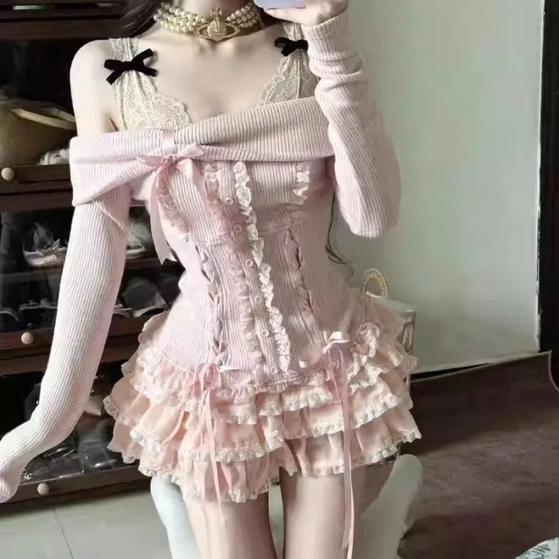 Sweet Korean High Street Draped Slash Neck Spliced SP021