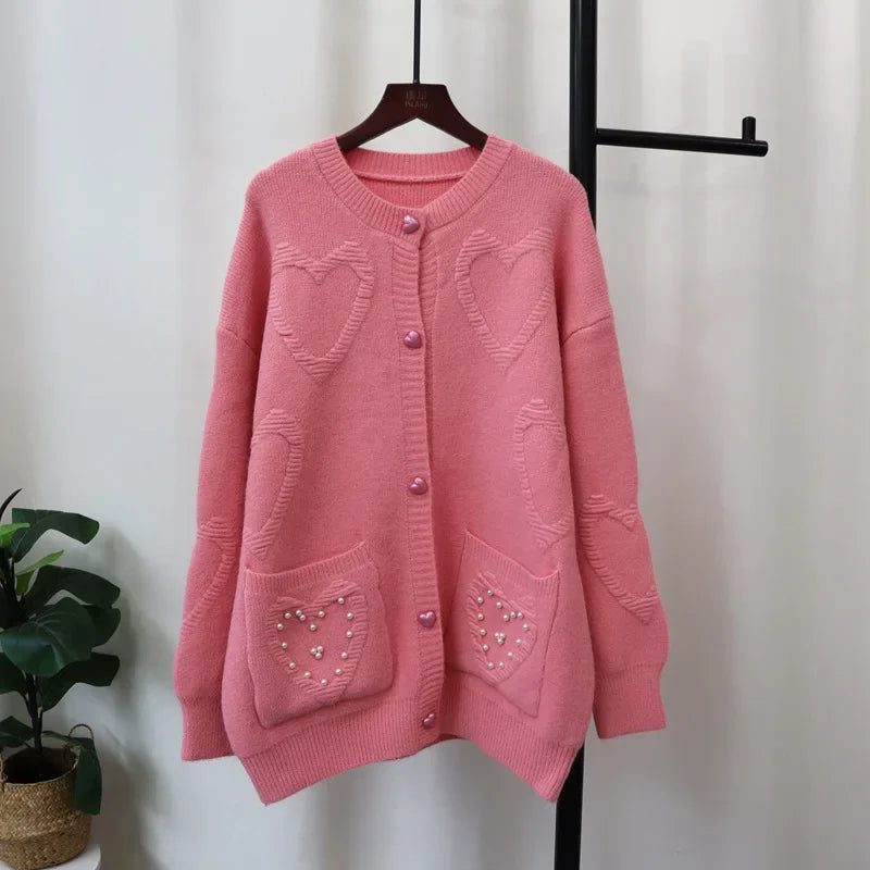 Sweet Love Heart Beads 2024 Woman Cardigan Exquisite Button Ropa Mujer O-neck Long Sleeve Outerwears Loose Sweater Cardigans