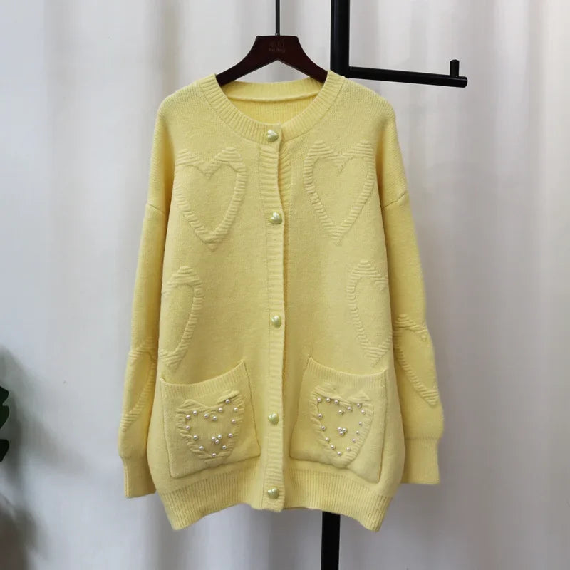 Sweet Love Heart Beads 2024 Woman Cardigan Exquisite Button Ropa Mujer O-neck Long Sleeve Outerwears Loose Sweater Cardigans