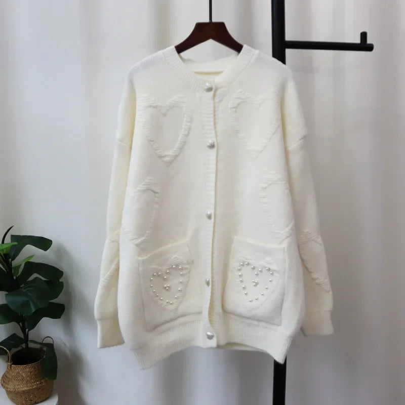 Sweet Love Heart Beads 2024 Woman Cardigan Exquisite Button Ropa Mujer O-neck Long Sleeve Outerwears Loose Sweater Cardigans