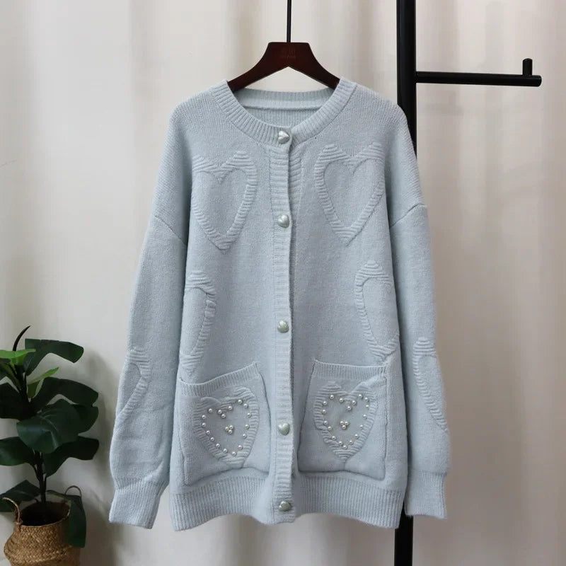 Sweet Love Heart Beads 2024 Woman Cardigan Exquisite Button Ropa Mujer O-neck Long Sleeve Outerwears Loose Sweater Cardigans