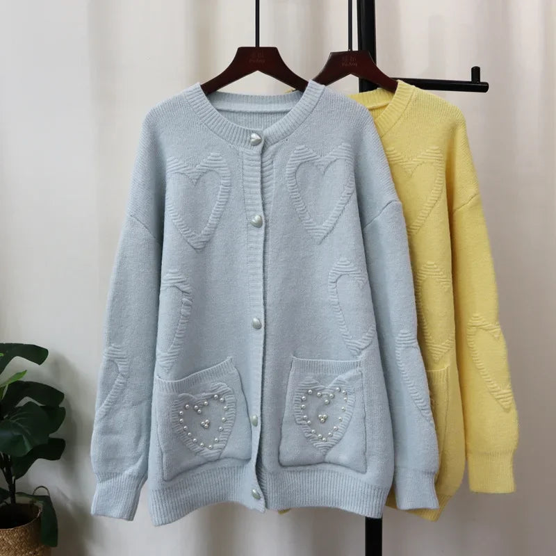 Sweet Love Heart Beads 2024 Woman Cardigan Exquisite Button Ropa Mujer O-neck Long Sleeve Outerwears Loose Sweater Cardigans